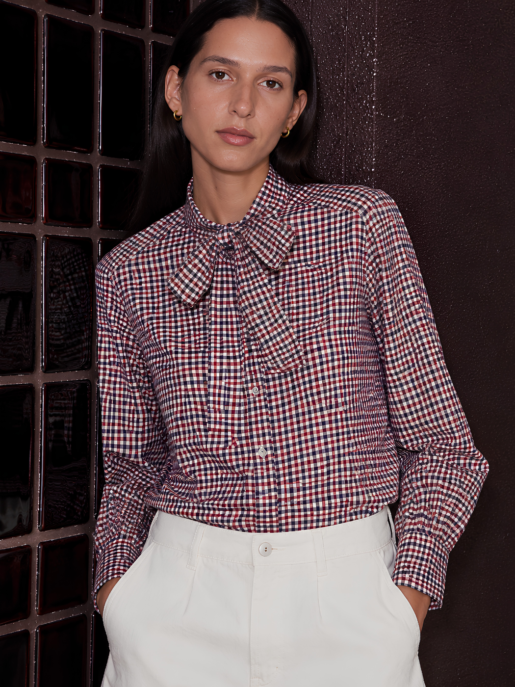 Check Tie Neck Shirt