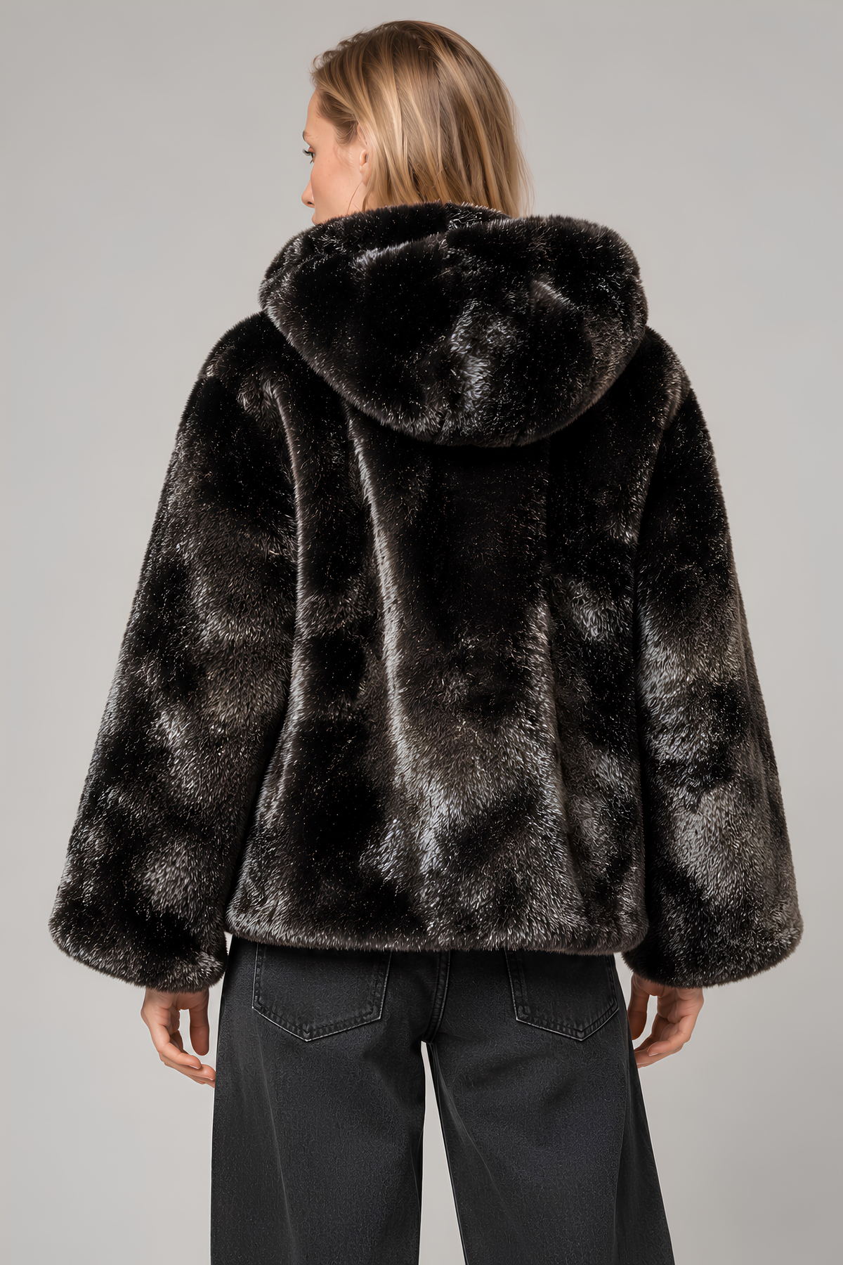 Hooded Ecological Fur Jacket - Black