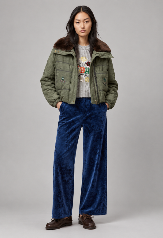 Embellished Faux Fur Collar Bomber Jacket