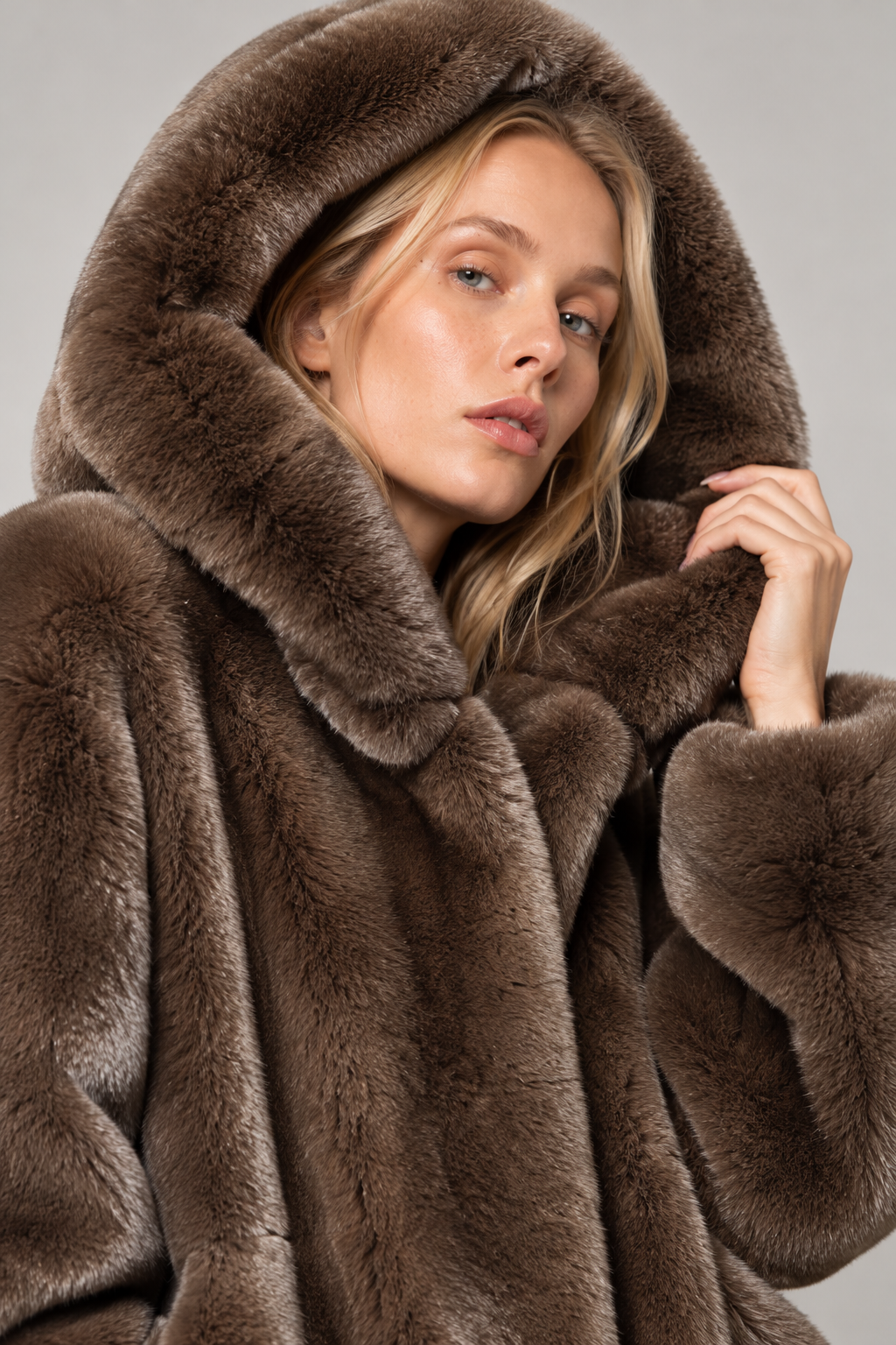 Hooded Ecological Fur Jacket - Wood