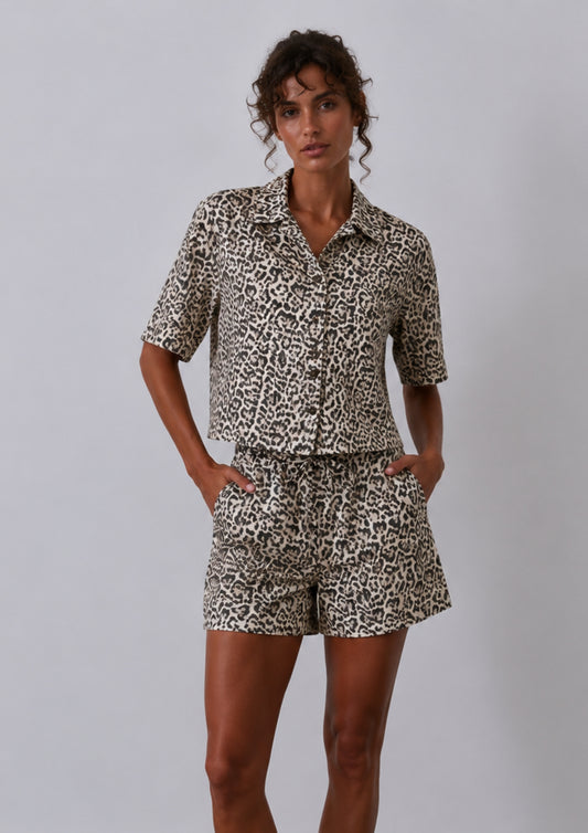 Nora Blouse Linen Leopard pebble