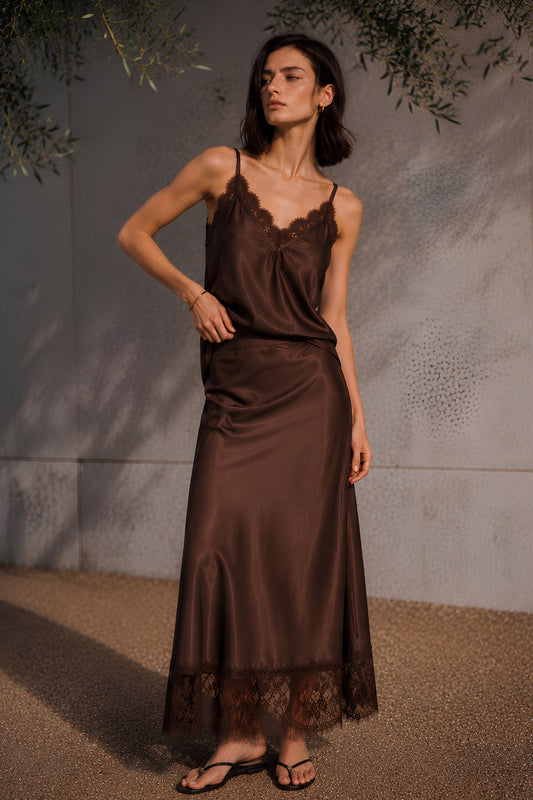 Long Laced Trim Satin Skirt