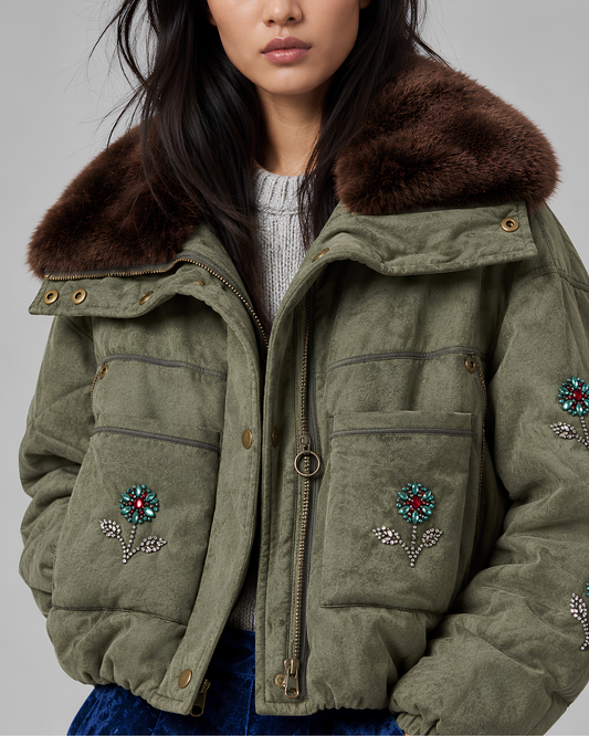 Embellished Faux Fur Collar Bomber Jacket