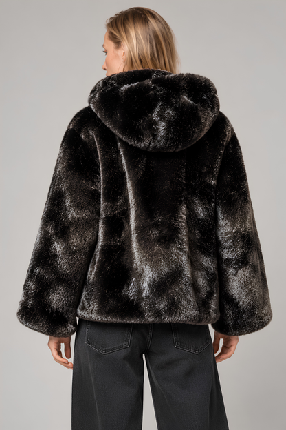 Hooded Ecological Fur Jacket - Black