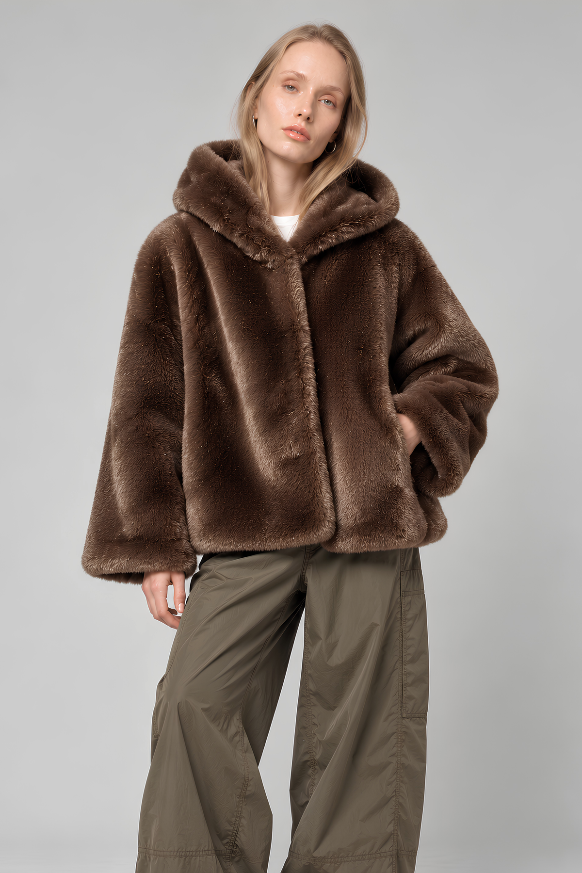 Hooded Ecological Fur Jacket - Wood