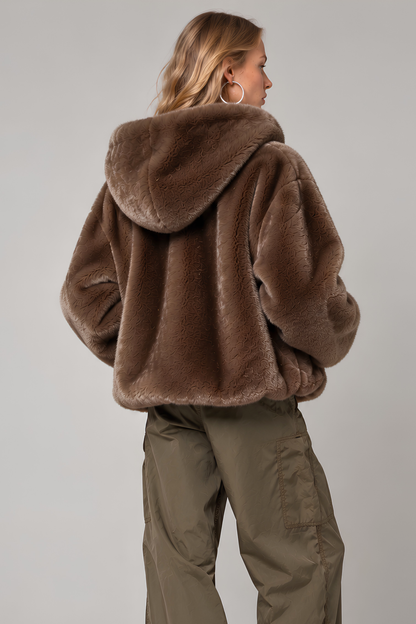 Hooded Ecological Fur Jacket - Wood