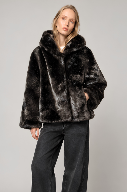 Hooded Ecological Fur Jacket - Black