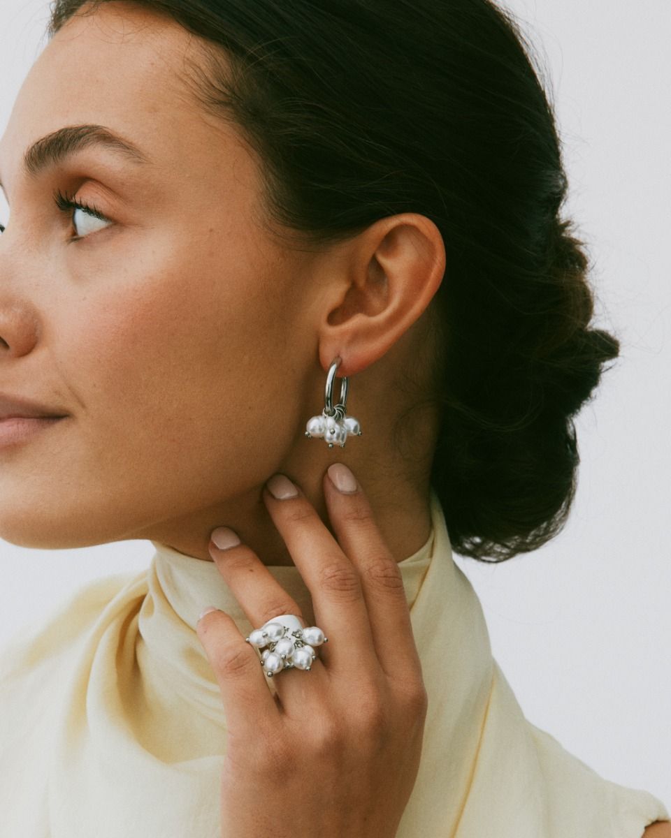 Pearl Signet Hoops Steel
