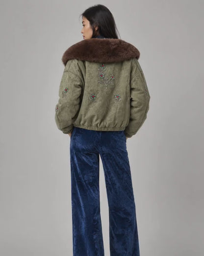 Embellished Faux Fur Collar Bomber Jacket