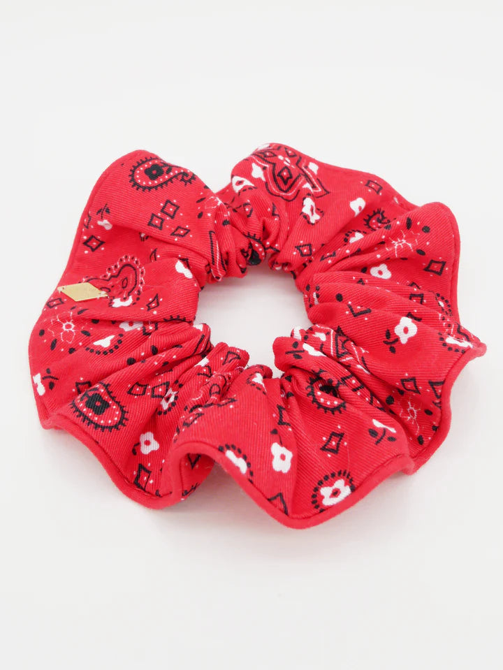 Red bandana denim scrunchie